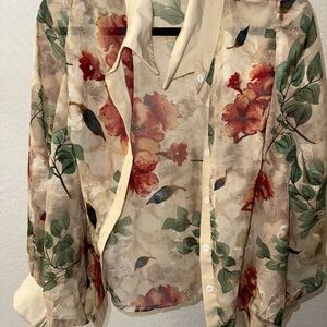 Floral Sheer Blouse with Red and Green Accents